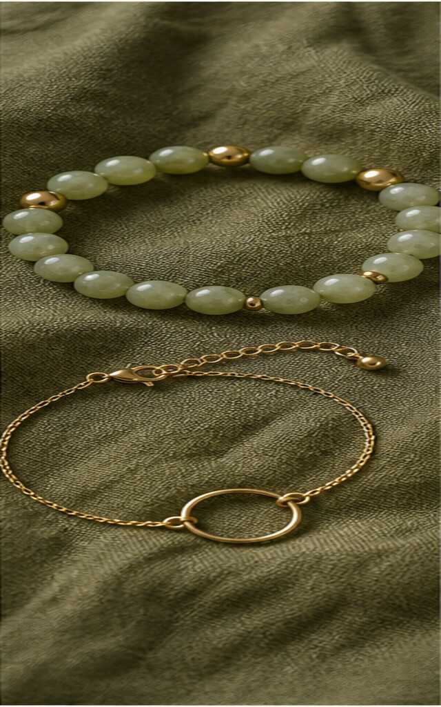 Groene jade armband naast fijne handketting